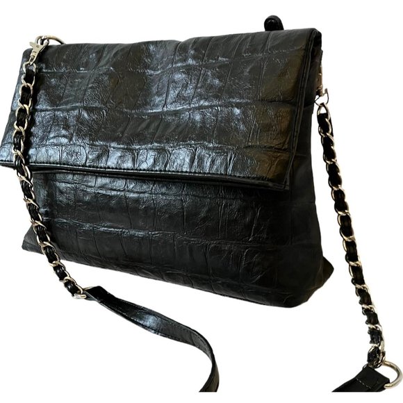 Nicole Miller Black Embossed PVC Leather Croc Zip Crossbody Bag Shoulder Purse - Picture 8 of 15